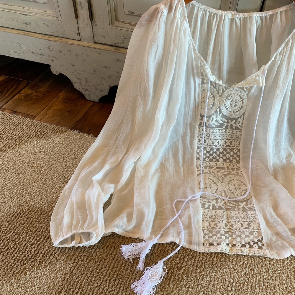 New Boho White Gauze Tassel Festival Blouse Top - Picture 3 of 5